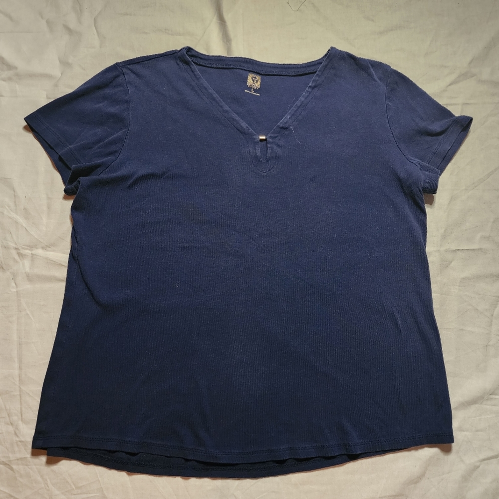 Anne Klein Sport Shirt Women's Large Blue Short Sleeve Top V-Neck Tee Shirt